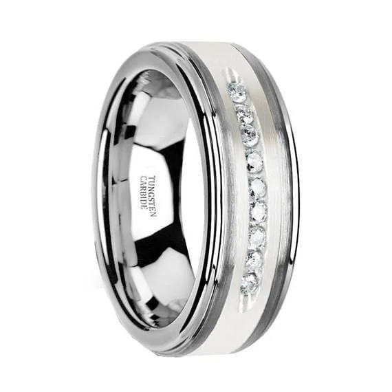 women’s engraved wedding rings -Men's Tungsten Wedding Band with Brushed Silver Inlay and 9 White Diamonds - 8mm