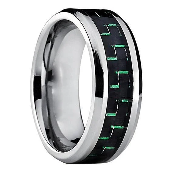 rose gold rings for women -Men's Tungsten Wedding Ring High Polish w/ Green Black Carbon Fiber Inlay - 9mm