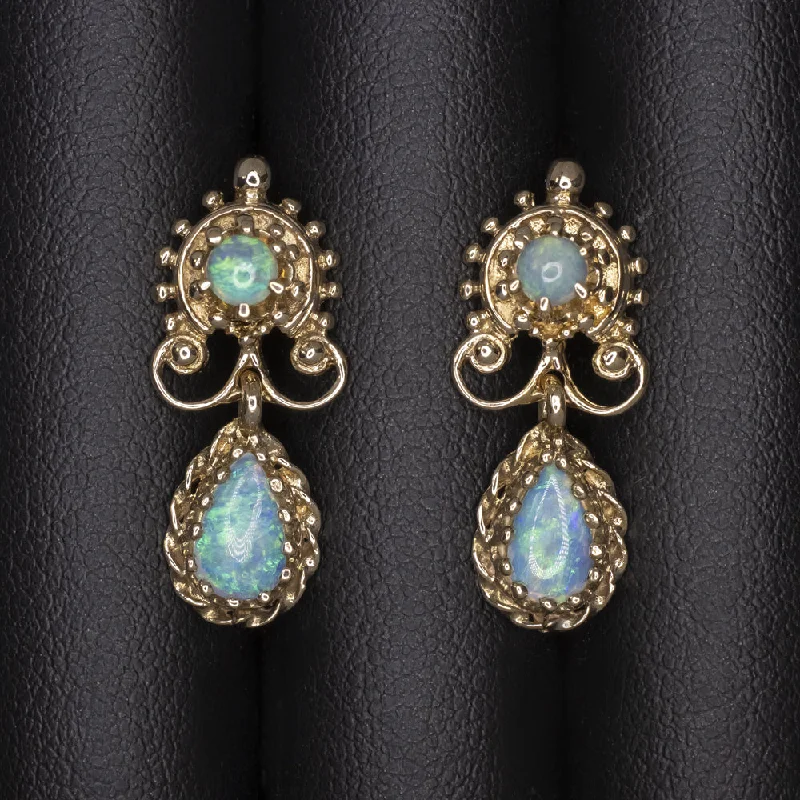 women’s sapphire rings -VINTAGE OPAL DANGLE EARRINGS 14k YELLOW GOLD DROP ESTATE JEWELRY NATURAL PEAR