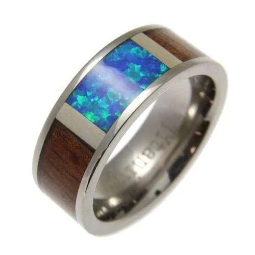 women’s custom birthstone rings -Mens Titanium Band Genuine Hawaiian Koa Wood Inlay Opal Comfort Fit Ring - 8mm