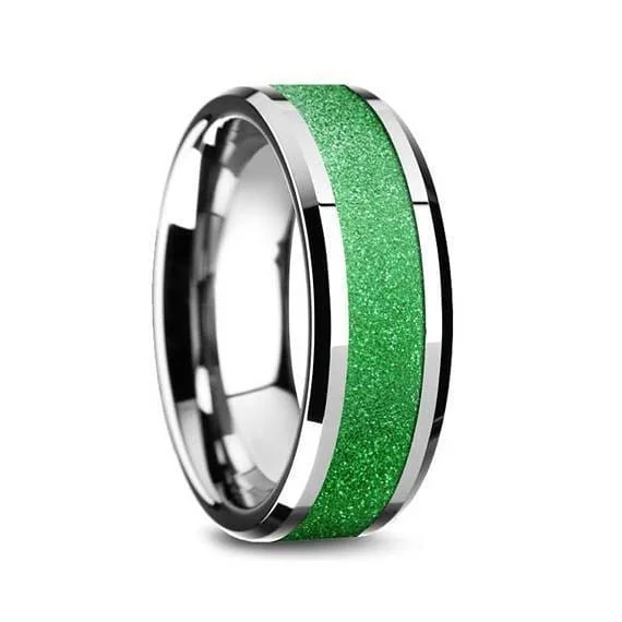 women’s birthstone rings -Mens Tungsten Wedding Ring Sparkling Green Inlay Beveled Polished Finish - 8mm