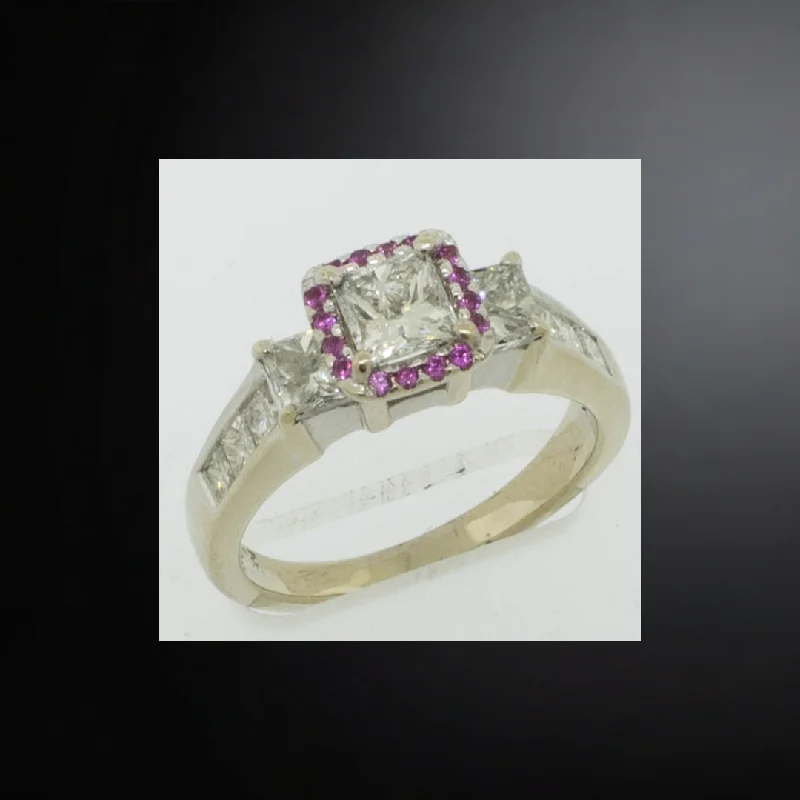 women’s vintage-inspired engagement rings -14K White Gold Diamond Ring with Ruby Halo Size 7 Preowned Jewelry