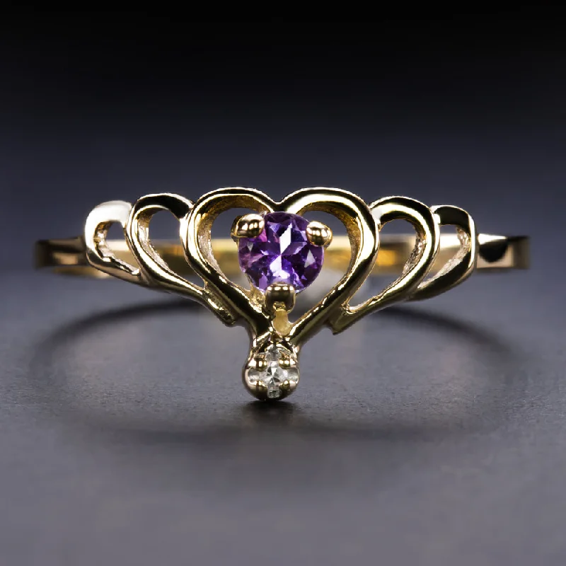 women’s modern rings -AMETHYST DIAMOND VINTAGE COCKTAIL RING 10k YELLOW GOLD HEART SHAPE ESTATE