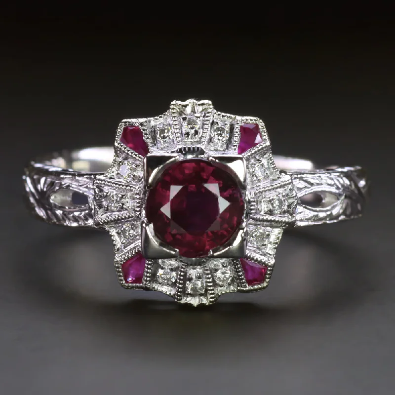 classic engagement rings for women -VINTAGE RUBY DIAMOND COCKTAIL RING PLATINUM HAND ENGRAVED HALO NATURAL ROUND RED