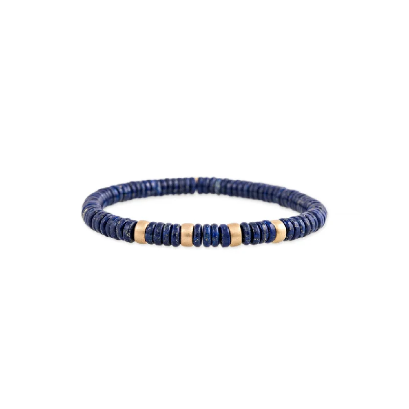 adjustable charm bracelets for women -4 SPACED OUT GOLD BEADS + LAPIS BEADED STRETCH BRACELET