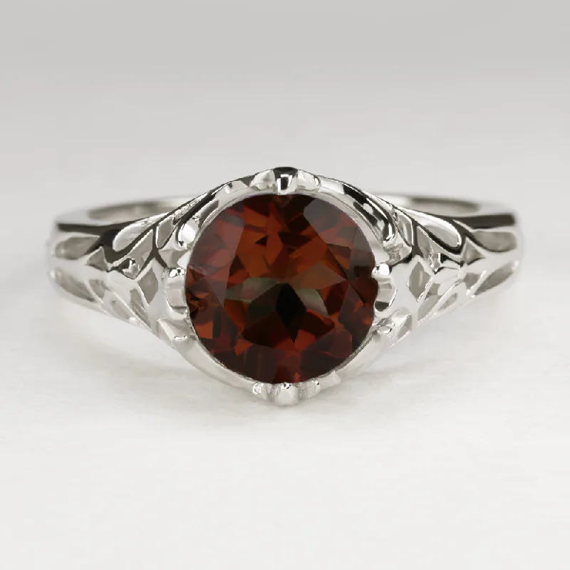 women’s handmade rings -GARNET STERLING SILVER RING VINTAGE STYLE SOLITAIRE ART DECO FILIGREE RED ROUND