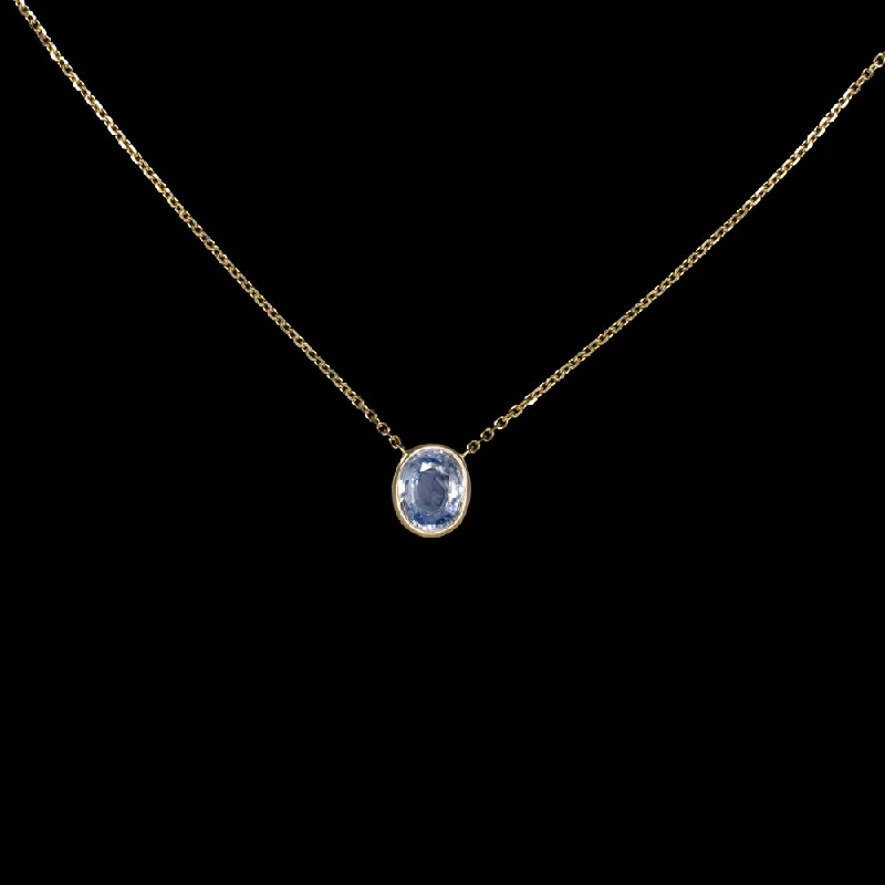 boho rings for women -LIGHT BLUE SAPPHIRE PENDANT NECKLACE OVAL SHAPE CUT BEZEL 14k YELLOW GOLD 1.26ct