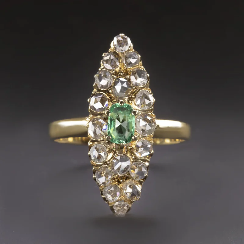 fashion rings for women -ANTIQUE NAVETTE RING EMERALD DIAMOND VICTORIAN 18k YELLOW GOLD COCKTAIL NATURAL