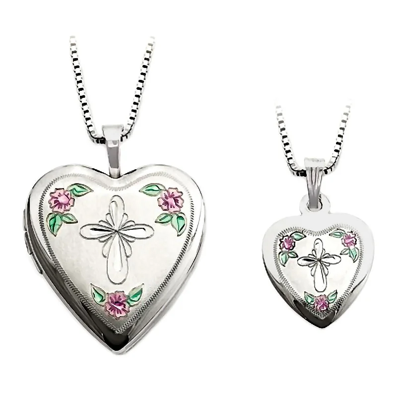 women’s choker necklaces -Cross and Flowers Just Like Mommy 925 Silver Locket and Pendant Necklace Set