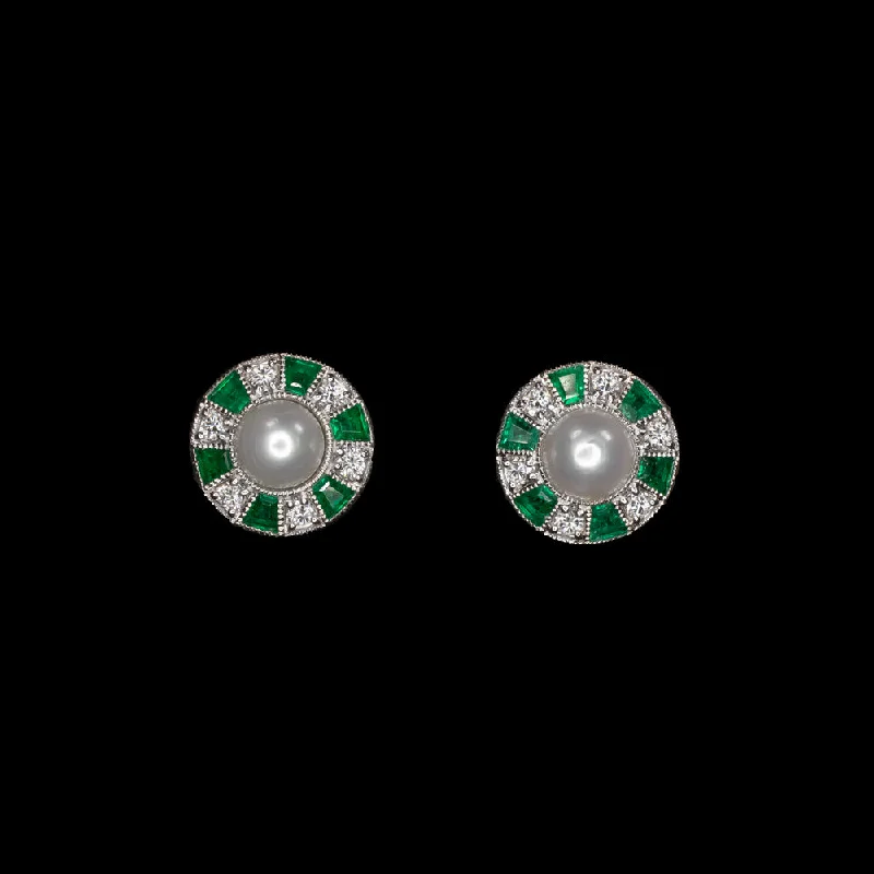 gold rings for women -PEARL DIAMOND EMERALD STUD EARRINGS VINTAGE STYLE WHITE GOLD HALO GREEN NATURAL