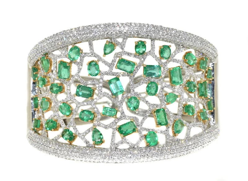 women’s beaded bracelets -18kt White Gold Emerald & Diamond Cuff Bracelet