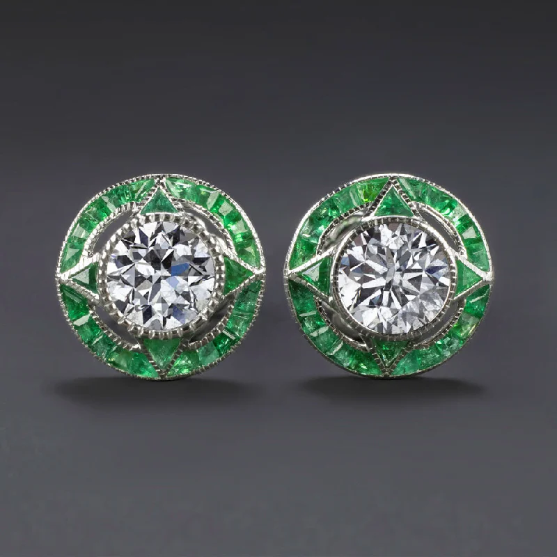 women’s birthstone gemstone rings -1.40ct DIAMOND EMERALD STUD EARRINGS VINTAGE STYLE TARGET CALIBRE NATURAL ROUND