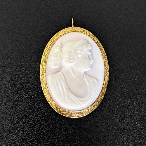 engagement rings for women -VINTAGE CAMEO PENDANT 1.75in 12gm GOLD NECKLACE VICTORIAN ENGRAVED PIN BROOCH