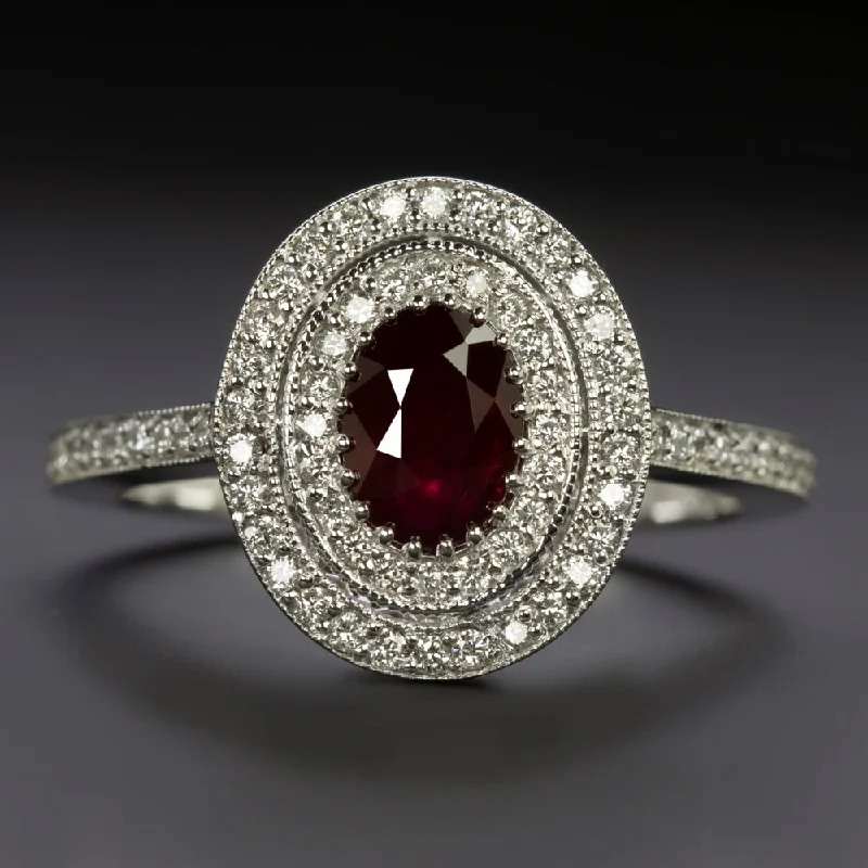 women’s unique engagement rings -RUBY DIAMOND COCKTAIL RING VINTAGE STYLE DOUBLE HALO 14k WHITE GOLD NATURAL OVAL