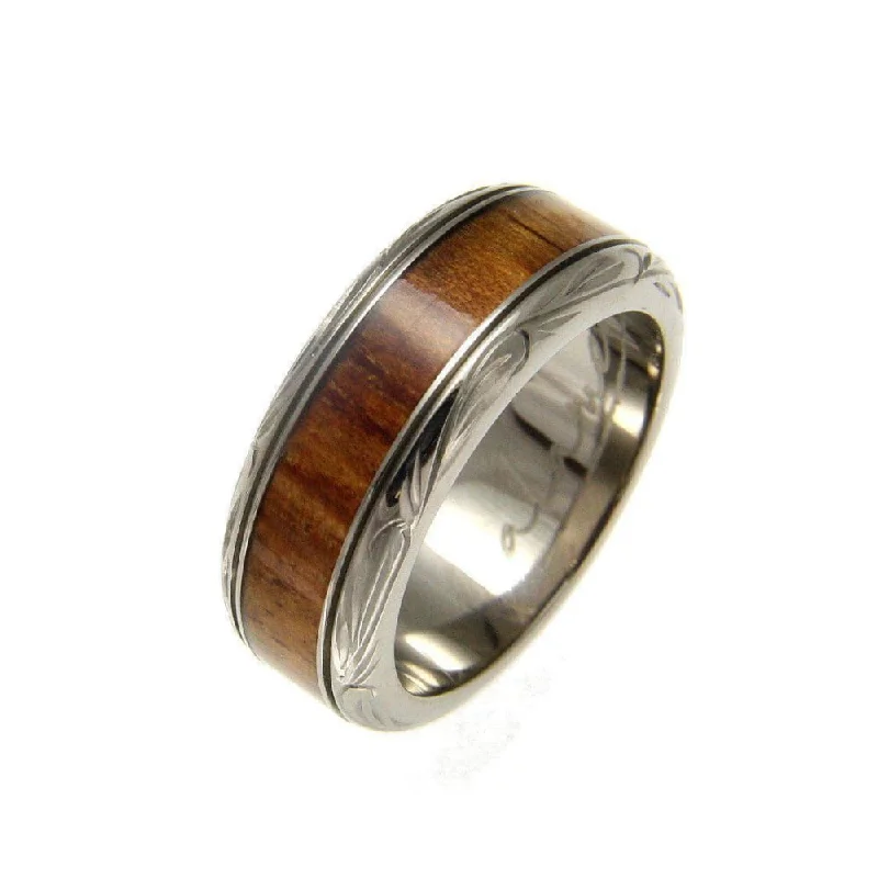 women’s pink diamond rings -Mens Titanium Scroll Wedding Band Genuine Inlay Hawaiian Koa Wood Ring - 8mm