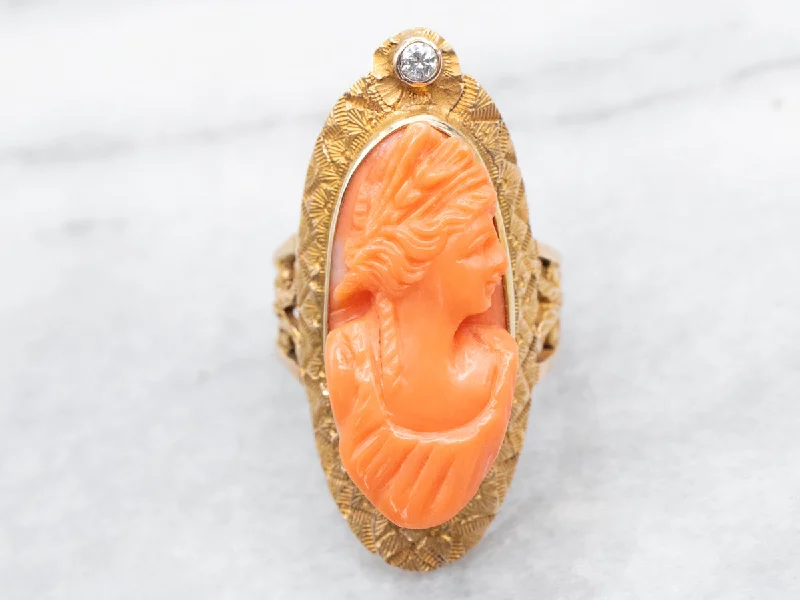 women’s art deco engagement rings -Victorian Revival Carved Coral Cameo and Diamond Ring