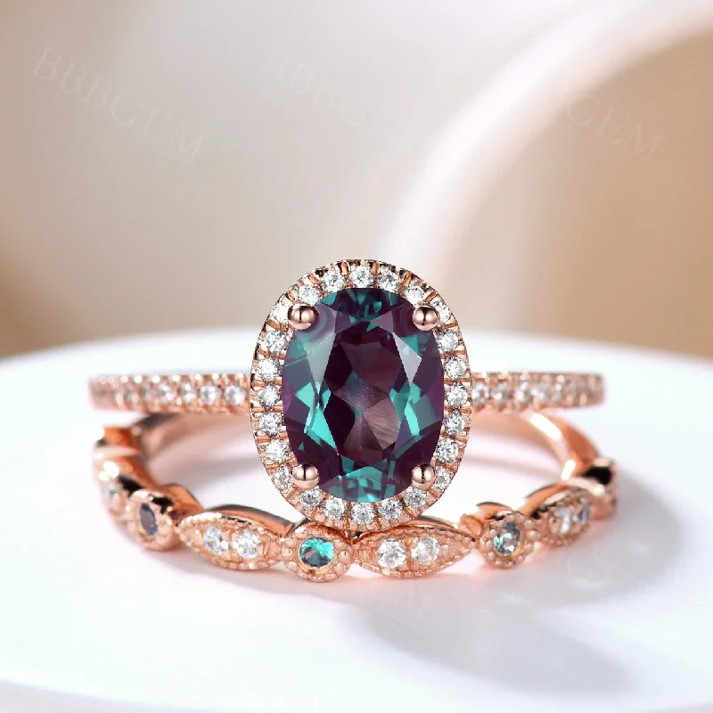 women’s solitaire engagement rings -Alexandrite Diamond Ring In Rose Gold Half Eternity Diamond Wedding Band 6x8mm Oval Cut