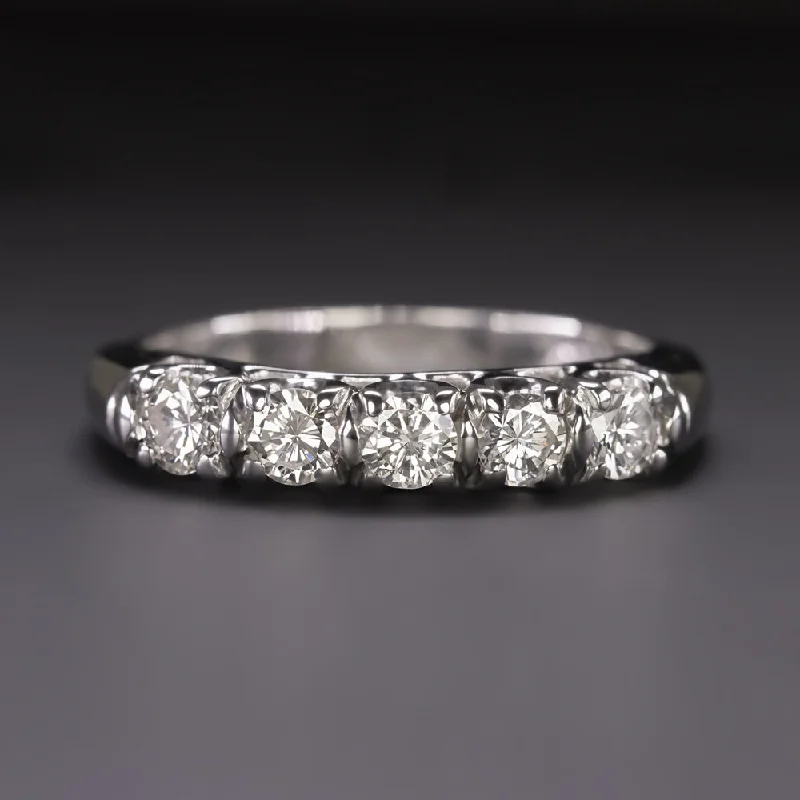 women’s gold wedding bands -VINTAGE DIAMOND WEDDING RING STACKING BAND 0.50ct 5 STONE 14k WHITE GOLD ROUND