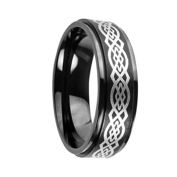 vintage rings for women -Mens Carbide Tungsten Ring Engraved Celtic Knot Pattern Black High Polish - 8mm