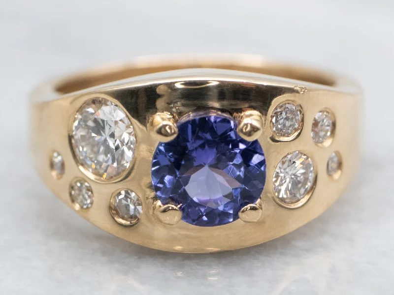 women’s cushion cut engagement rings -Unisex Gold Tanzanite and Flush Set Diamond Ring