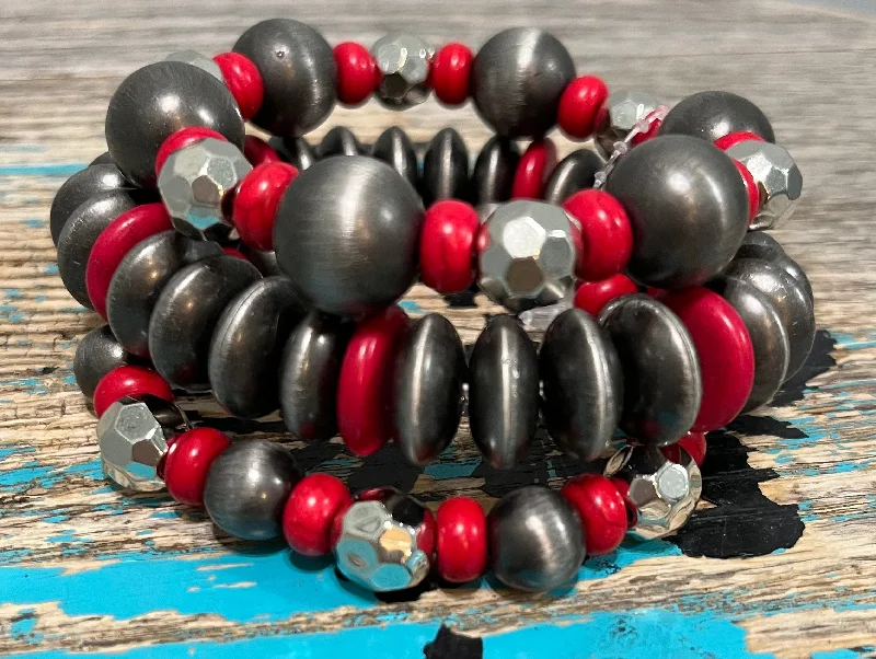 high-quality bangles for women -3 Strand Navajo Pearls w/ Red Stones Bracelet