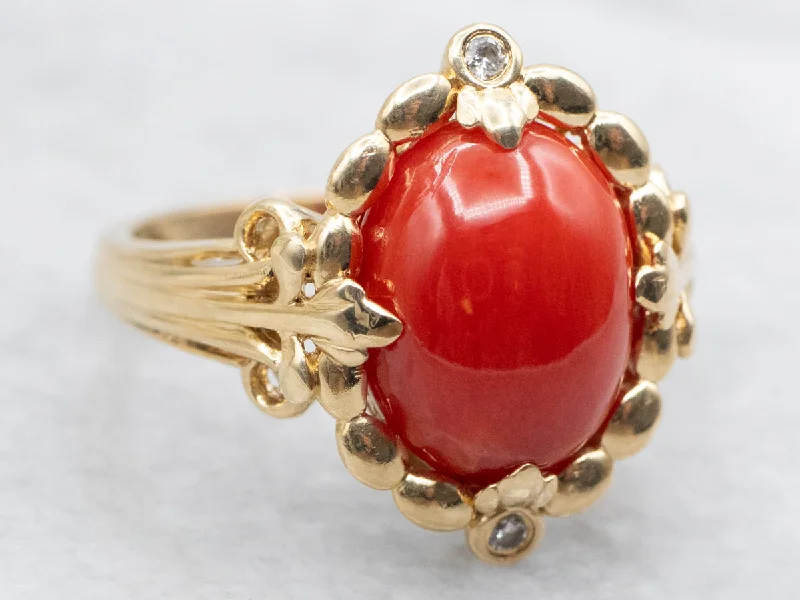 women’s vintage diamond engagement rings -Oval Cut Coral and Diamond Ring