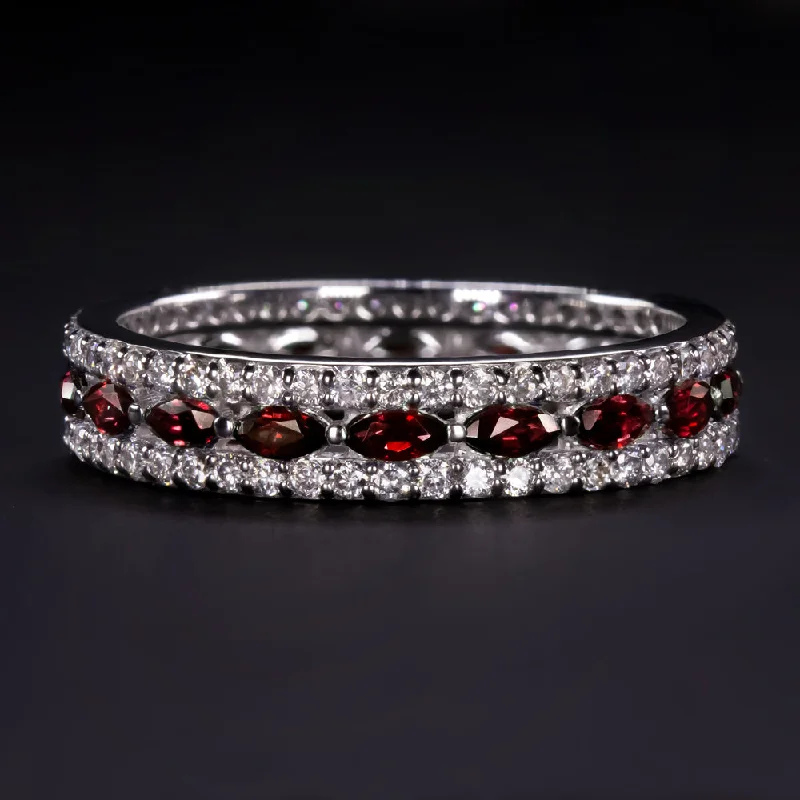 women’s handmade rings -NATURAL RUBY DIAMOND WEDDING BAND ETERNITY RING 3 ROW VINTAGE STYLE WHITE GOLD