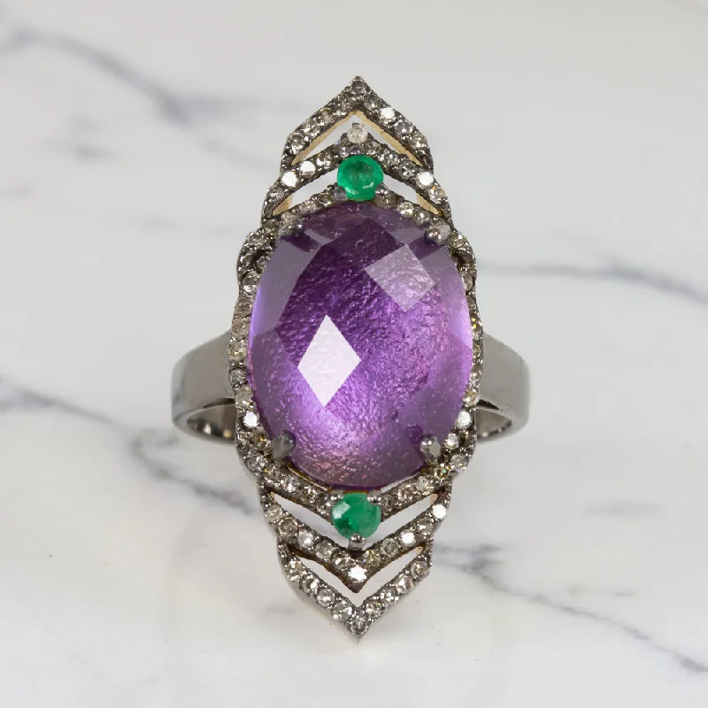 women’s gold gemstone rings -NATURAL AMETHYST DIAMOND COCKTAIL RING PURPLE OVAL SHAPE ROSE CUT BOHO STATEMENT