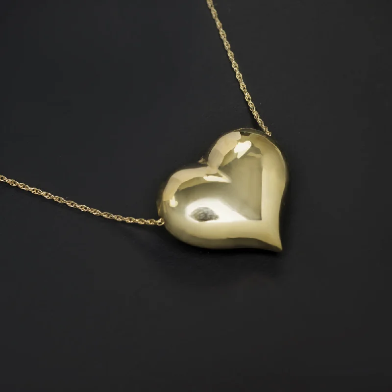 women’s trendy gemstone rings -14k YELLOW GOLD HEART PENDANT NECKLACE PUFFY 21mm CLASSIC EVERYDAY SIMPLE GIFT