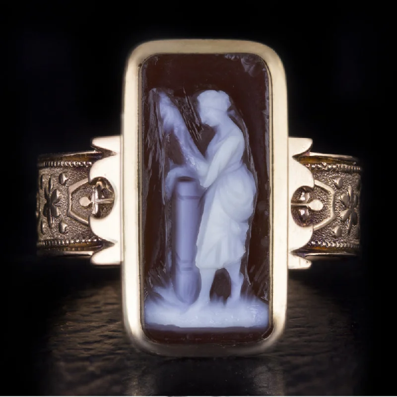 luxury rings for women -VICTORIAN CAMEO RING 14k ROSE GOLD FULL FIGURE WOMAN HARD STONE ANTIQUE CARVED