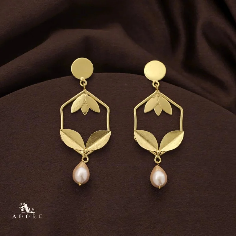 women’s earrings -Golden Hexagon Leafy Pearl Drop Earring