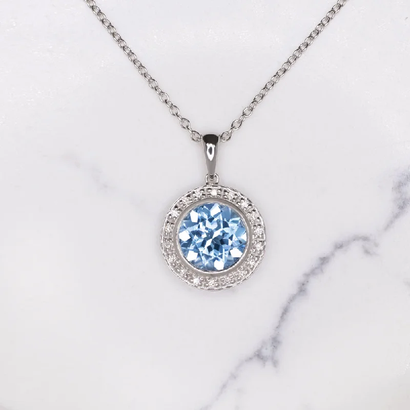 women’s designer gold rings -4 ct SWISS BLUE TOPAZ DIAMOND PENDANT NECKLACE 14k WHITE GOLD HALO ROUND CUT