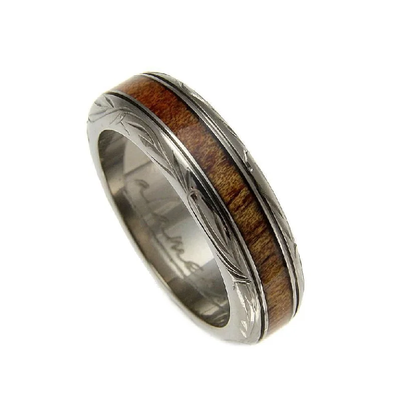 women’s adjustable gemstone rings -Mens Titanium Scroll Wedding Band Genuine Inlay Hawaiian Koa Wood Ring - 6mm