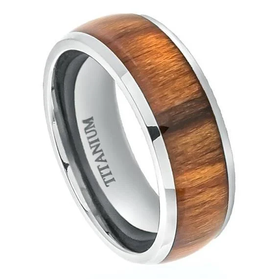 women’s solitaire rings -Solid Titanium Wedding Ring High Polished Domed with Genuine Santos Rosewood Inlay - 8mm