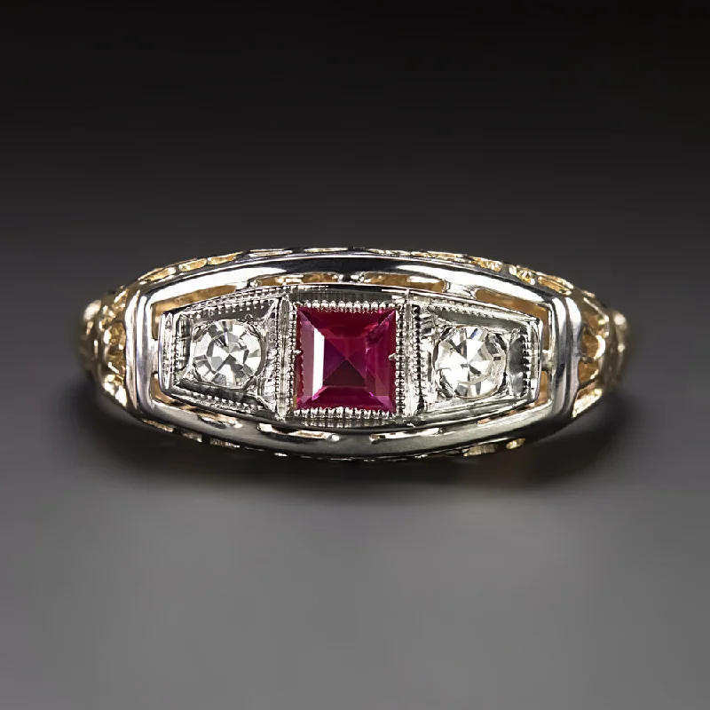 vintage engagement rings for women -VINTAGE RUBY DIAMOND COCKTAIL RING FILIGREE TWO TONE WHITE YELLOW GOLD ESTATE