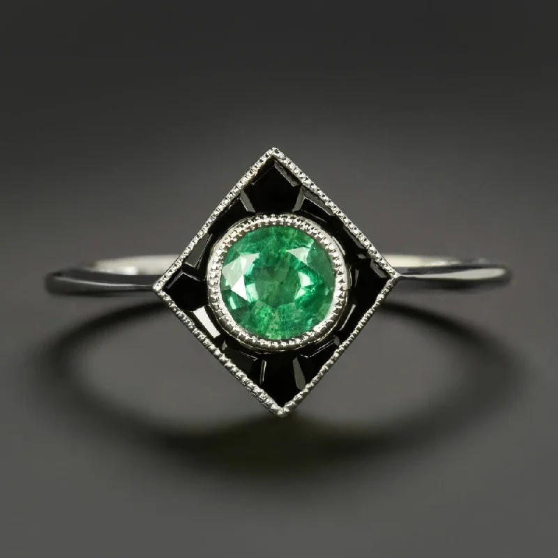 women’s cocktail rings -EMERALD BLACK ONYX COCKTAIL RING 14k WHITE GOLD ART DECO STYLE GEOMETRIC CALIBRE