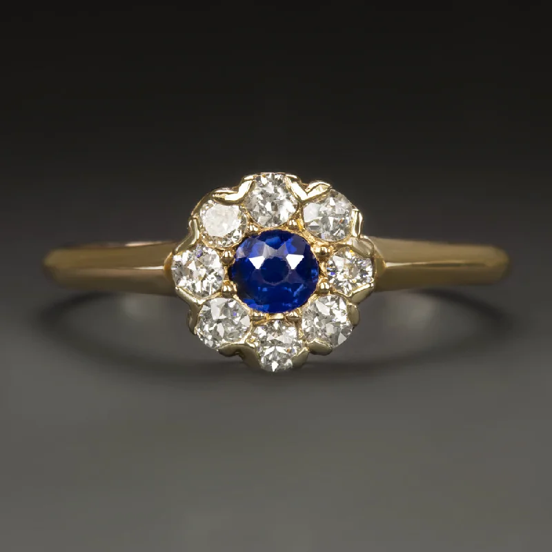 women’s luxury wedding rings -ANTIQUE SAPPHIRE DIAMOND COCKTAIL RING 14k ROSE GOLD HALO VICTORIAN CLUSTER