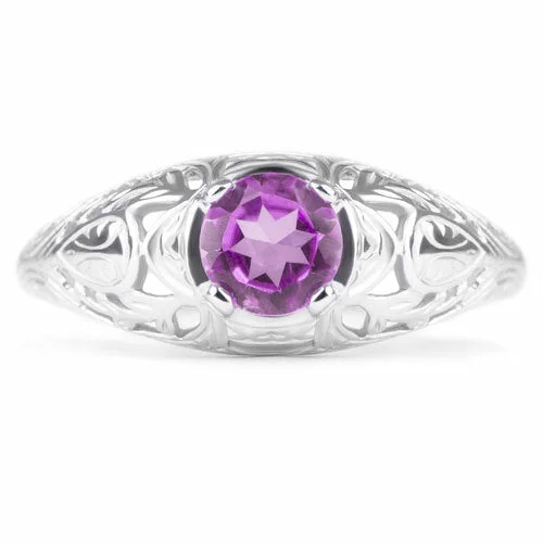 women’s colorful rings -AMETHYST STERLING SILVER VINTAGE STYLE SOLITAIRE RING FLORAL PROMISE PURPLE