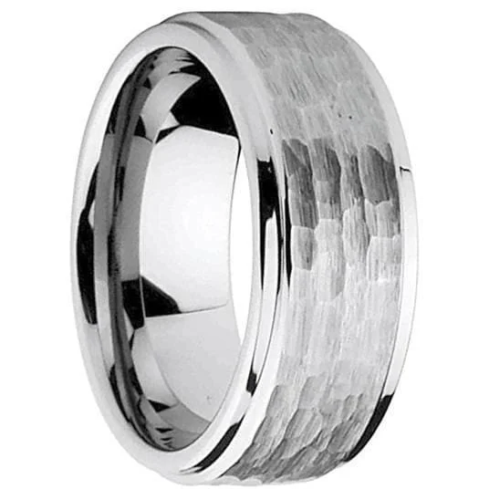 women’s gold promise rings -Stuttgart Tungsten Carbide Ring Stepped Edges Hammered Center - 9mm