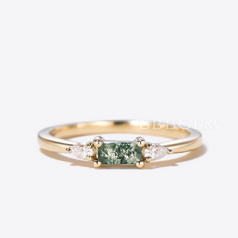 women’s emerald diamond engagement rings -Minimalist Baguette Natural Moss Agate Wedding Band Three Stone Diamond Ring