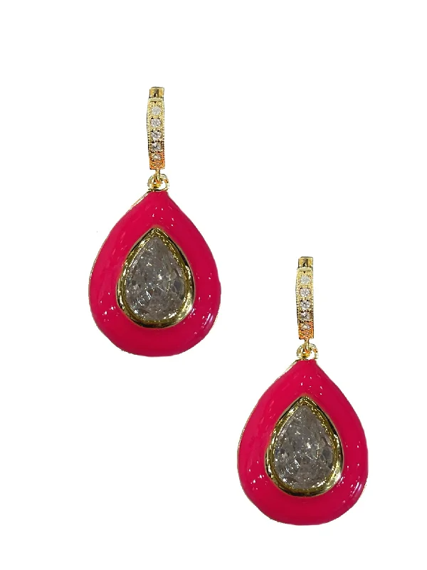 women’s layered earrings -Fuschia Enamel Bezel Teardrop Huggies