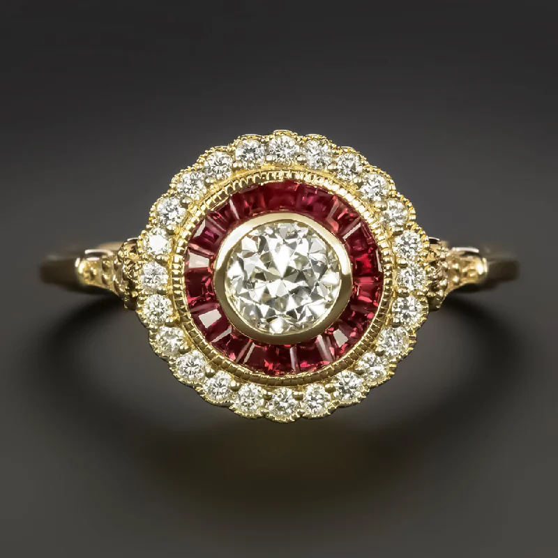 women’s eternity rings -OLD EUROPEAN CUT DIAMOND RUBY COCKTAIL RING VINTAGE STYLE DOUBLE HALO 14k GOLD