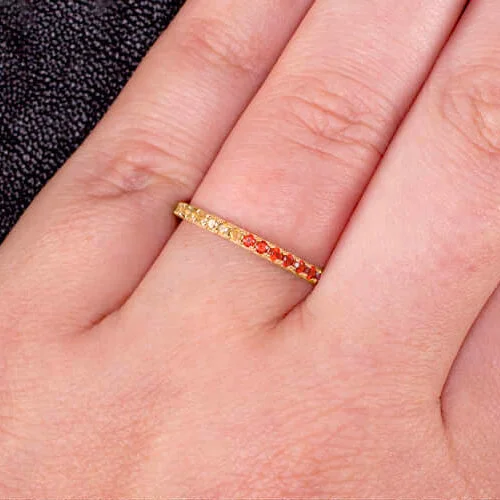 women’s antique rings -14K GOLD NATURAL RED ORANGE YELLOW SAPPHIRE STACKING RING OMBRE ETERNITY BAND