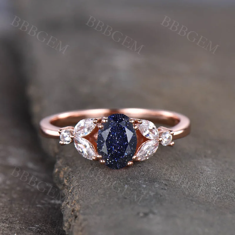 women’s statement rings -Blue Sandstone Moissanite Wedding Band 5x7mm Oval Cut In Pink Gold Cluster Marquise Round Cut Moissanite Band