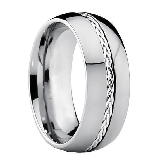 women’s eternity bands -Mens Carbide Tungsten Wedding Ring Grooved with Braided Sterling Silver Insert - 8mm