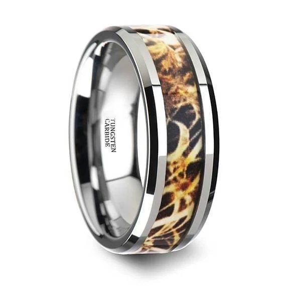 women’s colorful rings -Leaves Grassland Silver Tungsten Camo Wedding Band Beveled Polished Finish - 8mm