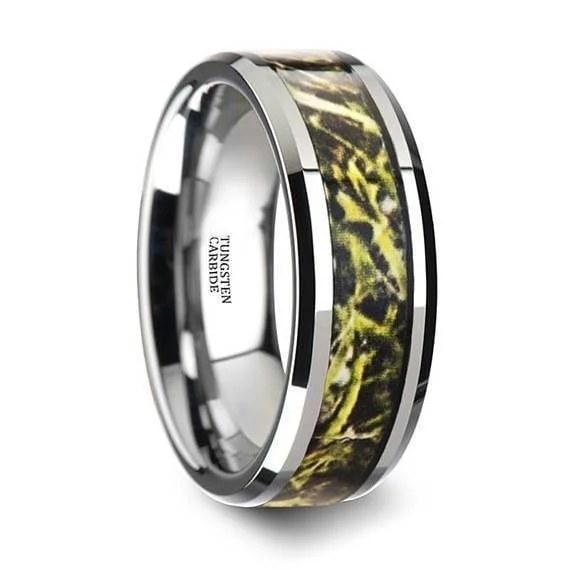 women’s handmade rings -Green Marsh Camo Tungsten Wedding Ring Beveled Polished Finish - 8mm