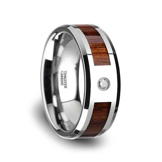 women’s simple rings -Mens Tungsten Wedding Ring With Koa Wood Inlay Diamond Setting Polished Finish - 8mm