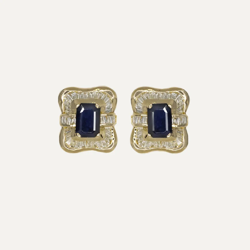 women’s chunky rings -SAPPHIRE DIAMOND STUD EARRINGS BAGUETTE HALO 14k YELLOW GOLD EMERALD CUT ESTATE