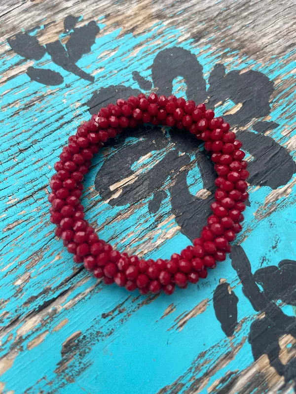 birthstone bangles for women -Burgundy Beaded Stretchy Bracelet